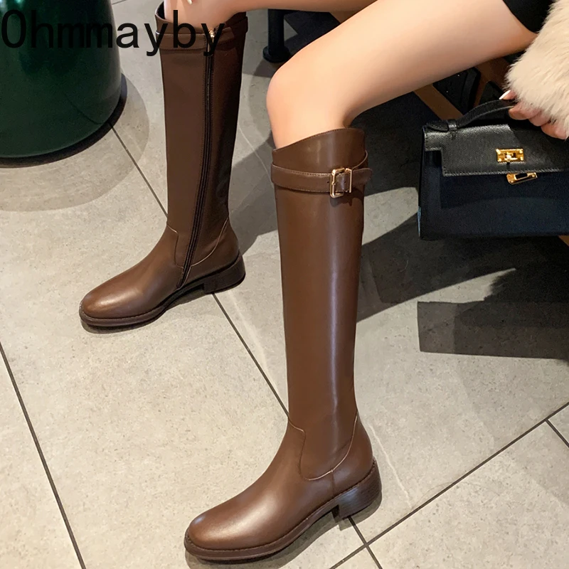 Vintage Women Slim Knee-High Boots Fashion Belt Buckle Shoes Autumn Winter Low Heel Ladies Stretch Modern Long Booties