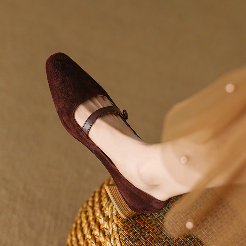 2025 new Spring Pumps for Women Square Toe Chunky Heel Suede Casual Slip-on Shallow Shoes Ladies Retro Low Heels 9d4d