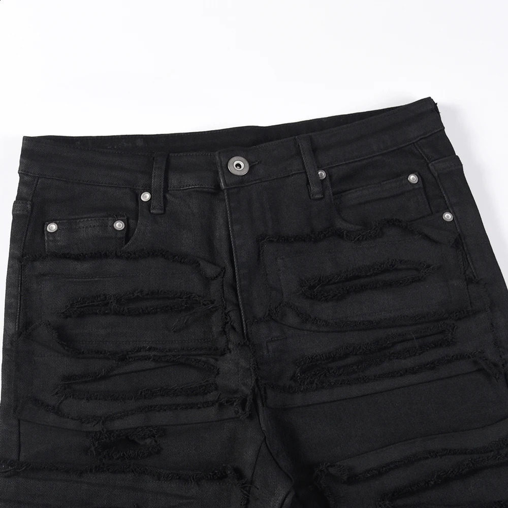 Ripped Jeans Men Hip Hop Y2k Vintage Slim Black Trousers Autumn Winter High Street Fit Cool Skinny Stacked Wax Hole Denim Pants 240909