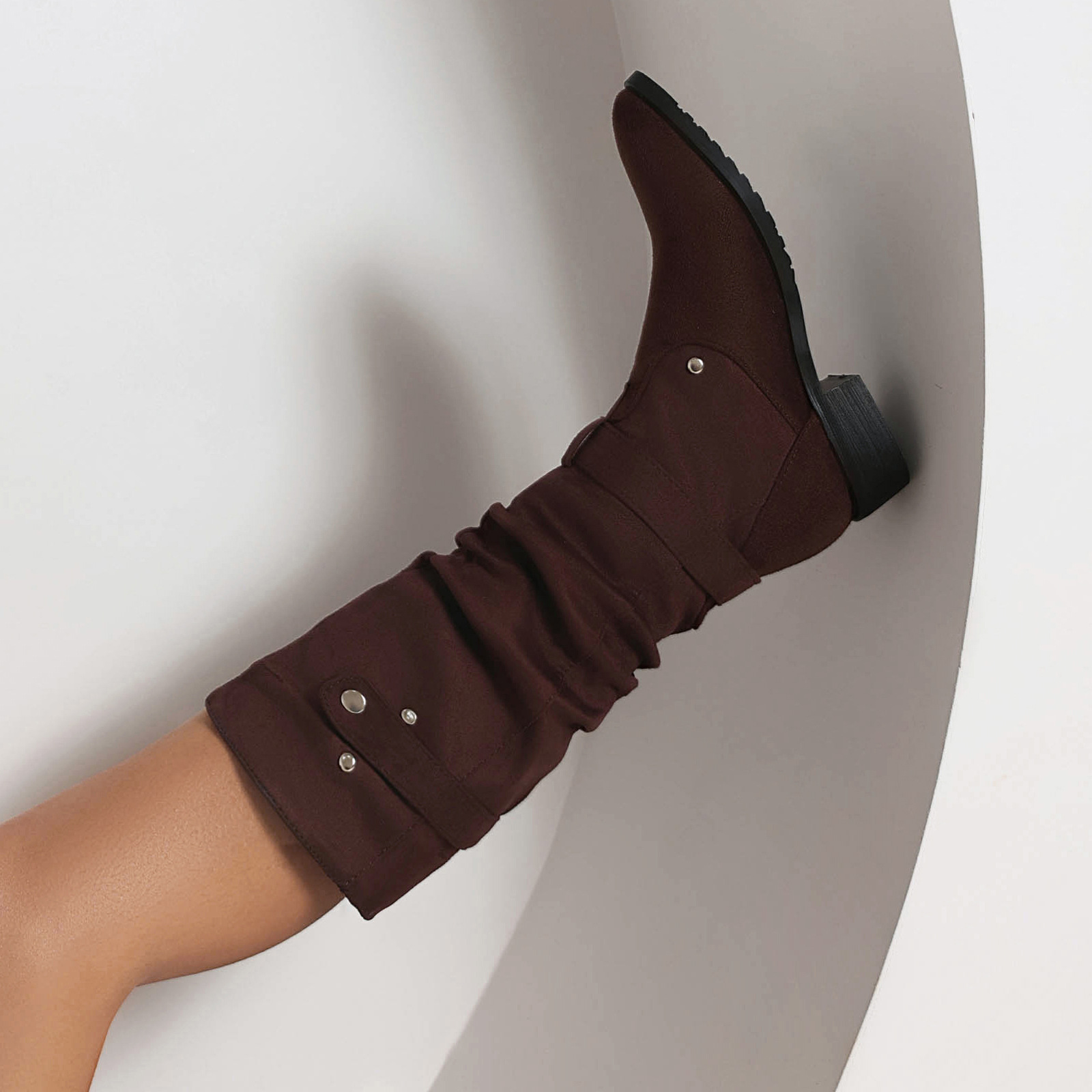 Fashion Shoes Boots Woman Rivets Round Toe Punk Ladies Mid Calf Large Size Low Rubber Slip-On Lace-Up Hoof Heels Metal Decorati d5a7