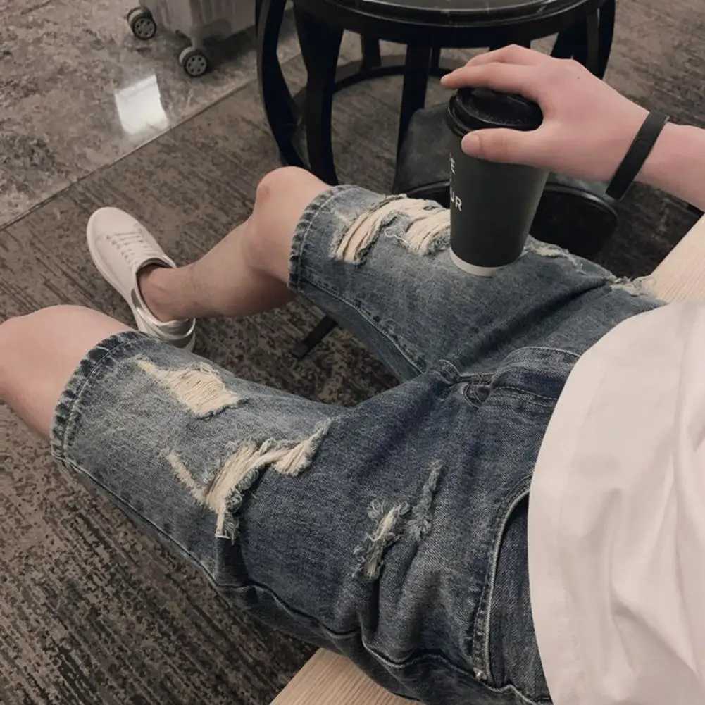 Men Denim Shorts Mid-waist Denim Shorts Mens Streetwear Denim Shorts Mid-rise Ripped Holes Straight Leg Knee LengthX240914