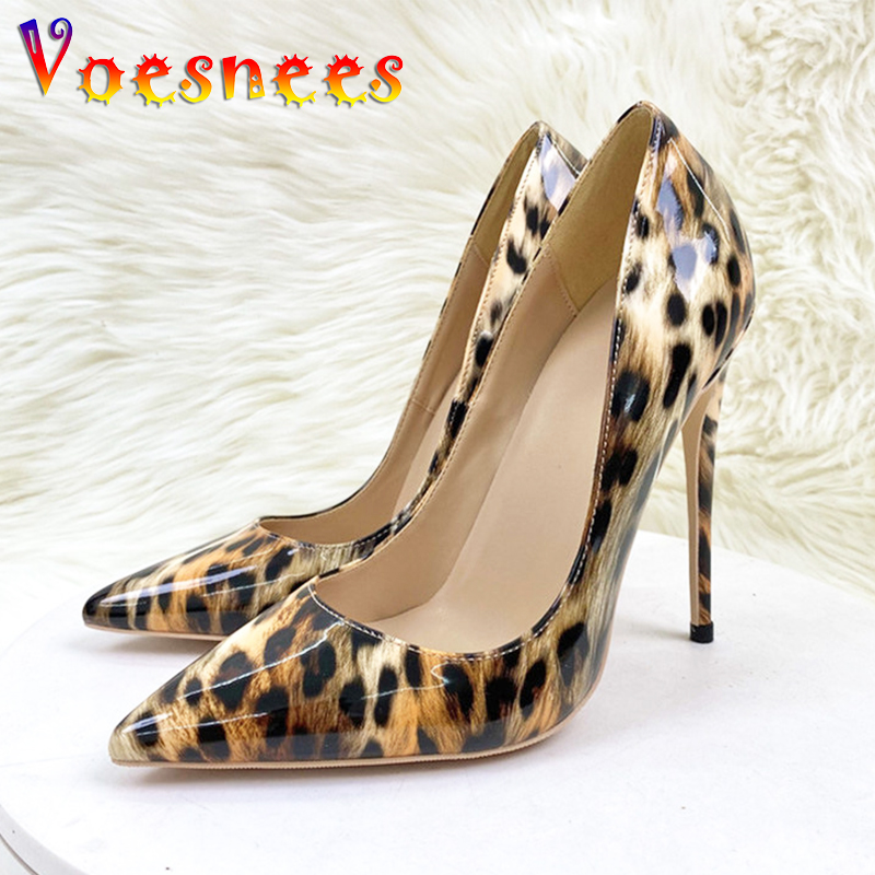 2024 New Leopard Pattern Lacquer Leather High Heels Spring 12CM Pointed Stiletto Pumps Fashion Women Shallow Mouth Single Shoes