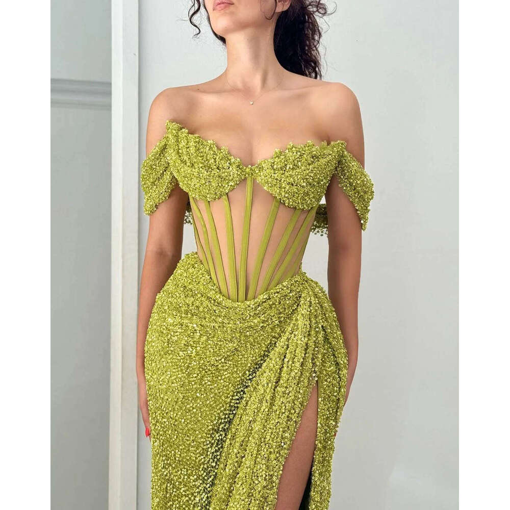 New Design Evening Straight Off The Shoulder Split Sequined Sleeveless Prom Gown Party Dress Vestido De Noite Custom Made