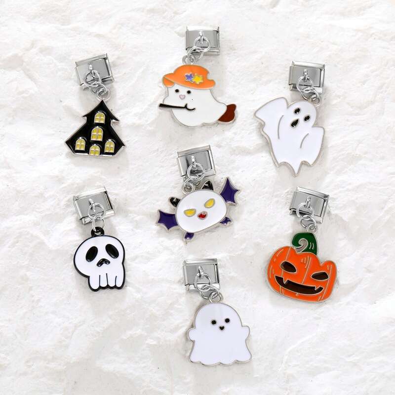 2024 Color Glaze Halloween Ghost Castle Bat Pendant Italian Charms Links Bangle Beads Fit 9mm Stainless Steel Bracelet Making DIY For Women Fashion Je