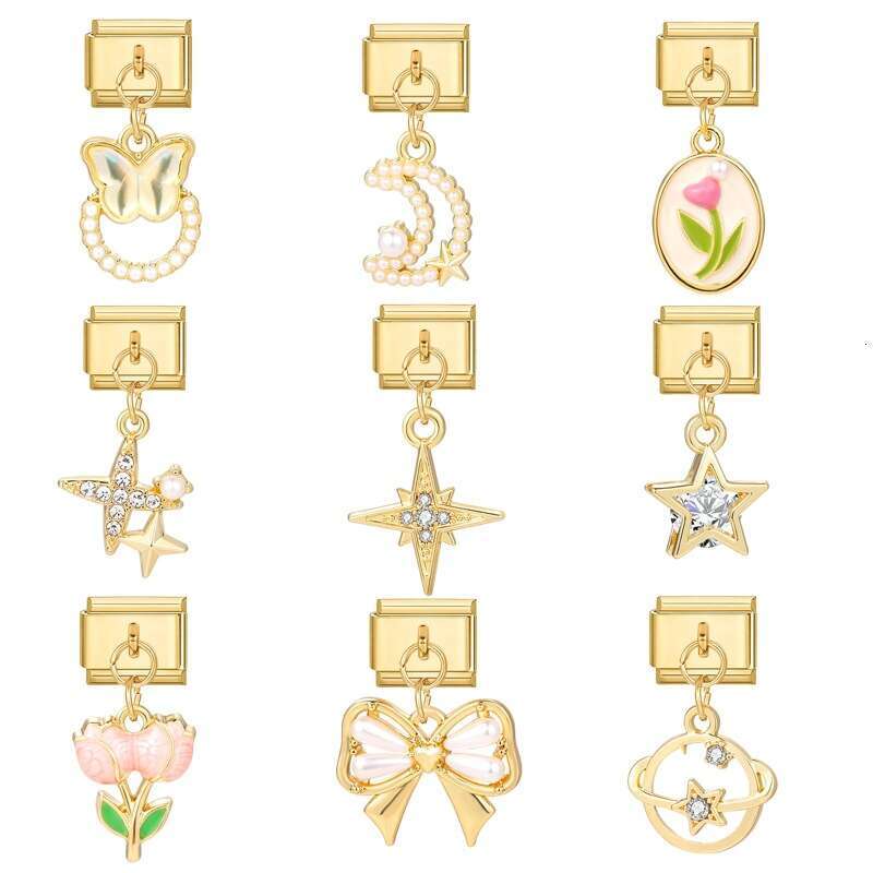 New Women's Gift Airplane pentagram Flower with gold Pendant Italian Charms Links Bangle Beads Fit 9mm Stainless Steel Bracelet Making DIY For Wo