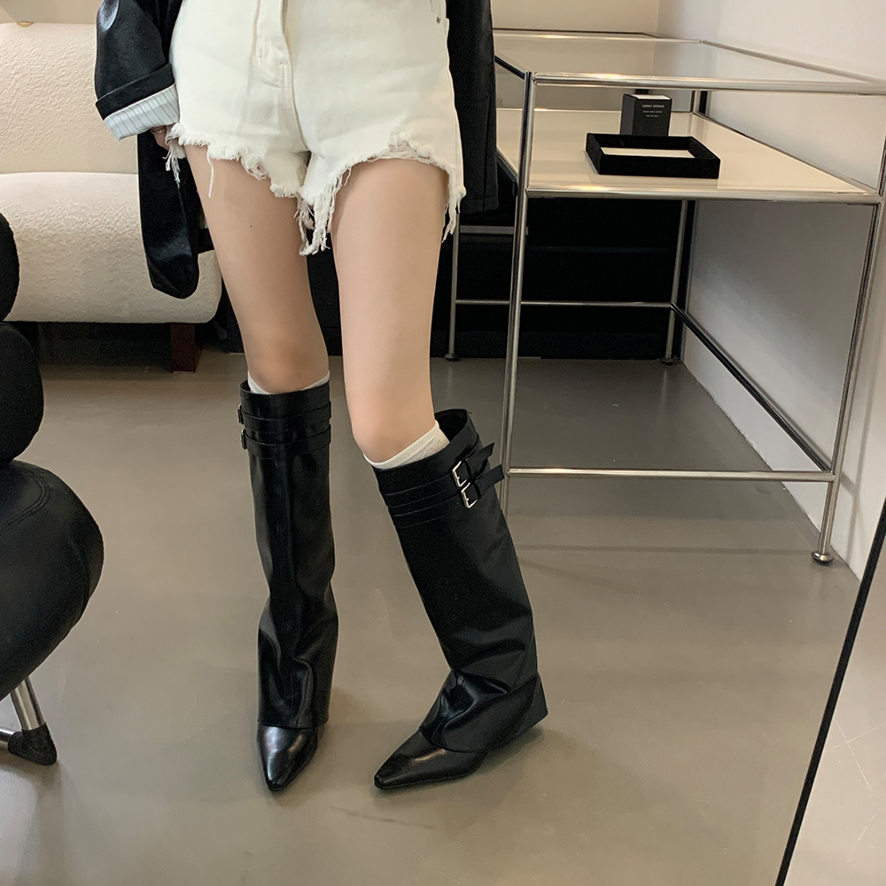 Pointed Toe Women Winter Boots Wedge High Heels Belt Buckle Black Brown PU Leather Chelsea Botas Fashion Dress Shoes Woman 39