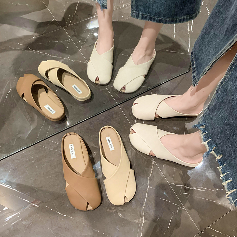 Rubber Loafers Slippers New Cover Toe Slides Slipers Women 2024 Summer Basic PU Rome Fabric Flat Shoes Female Ladies' Sli f89f