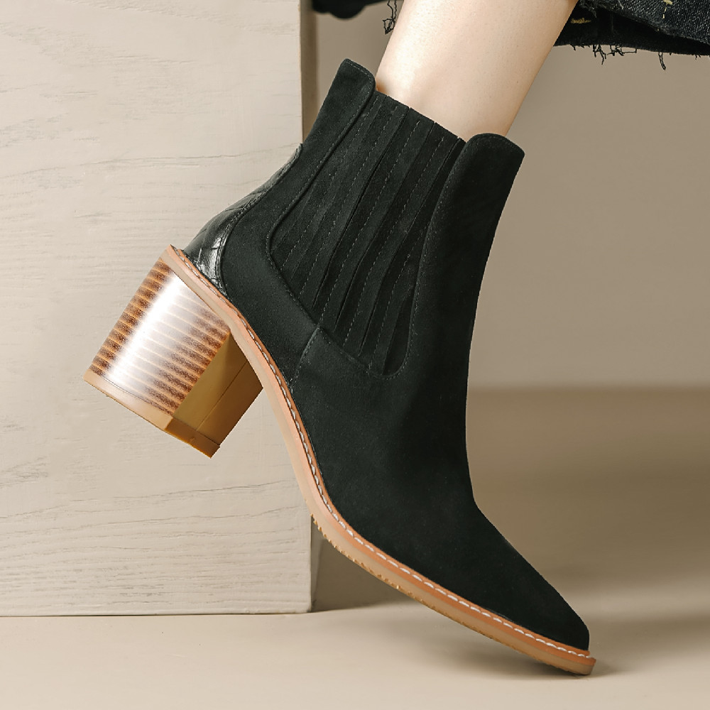 danxuefei women's natural suede leather autumn ankle boots 6cm thick high heel pointed toe slip-on OL style short booties shoes