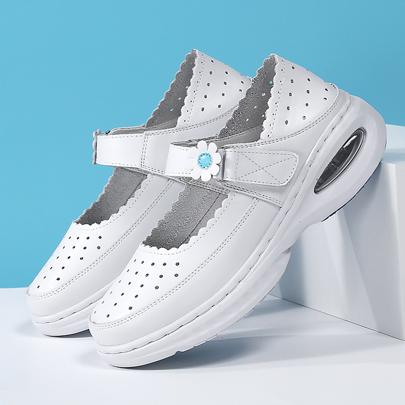 New Genuine Leather Round Toe Flat Non-slip Breathable Women's Flats Air Cushion Nurse Shoes White Wedges Hospital Work Shoes
