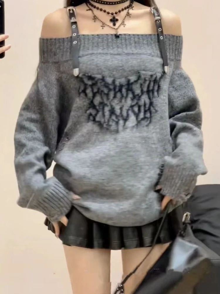 American Retro Fashion Classical Knitwear Sweater Slash Neck Off Shoulder Long Sleeve Ripped Hole Pullovers Chic Y2K Streetwear 240911