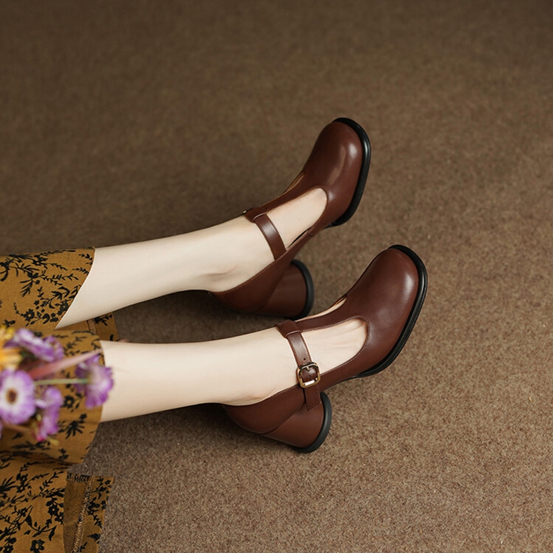 2025 new Spring 2023 Pumps Split Leather for Women Toe Chunky Retro Round Heel Mary Janes Solid Black Shoes 0d29