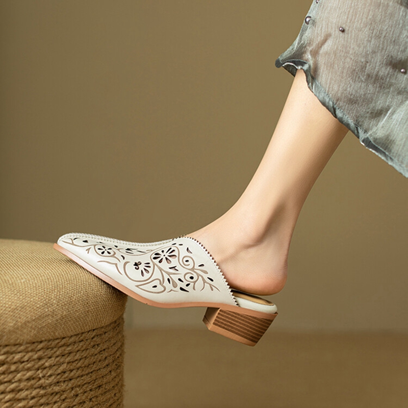 Mules Summer Genuine Leather Shoes New for Women Cover Chunky Heel Slippers Solid Pointed Toe Sgback Designer Sandals 1b39
