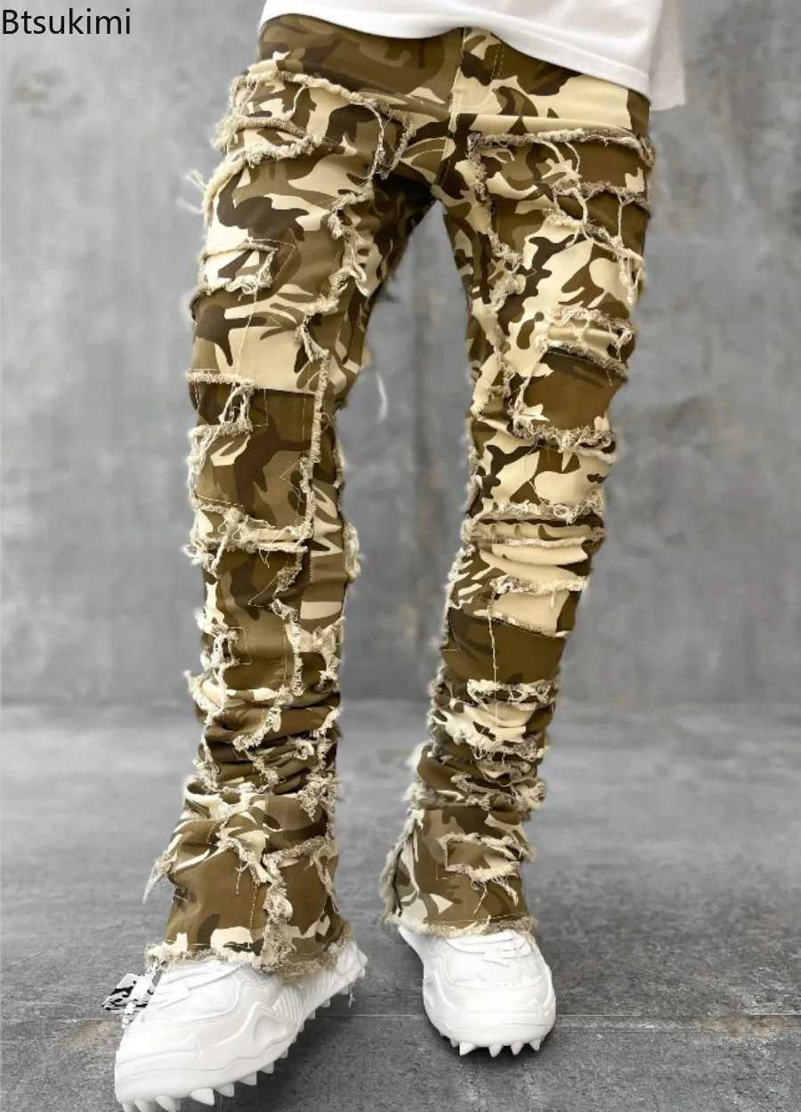 2024 mens fashion hollow cracked jeans street wear Y2K style splicing work design mens straight denim Trouser CL240912