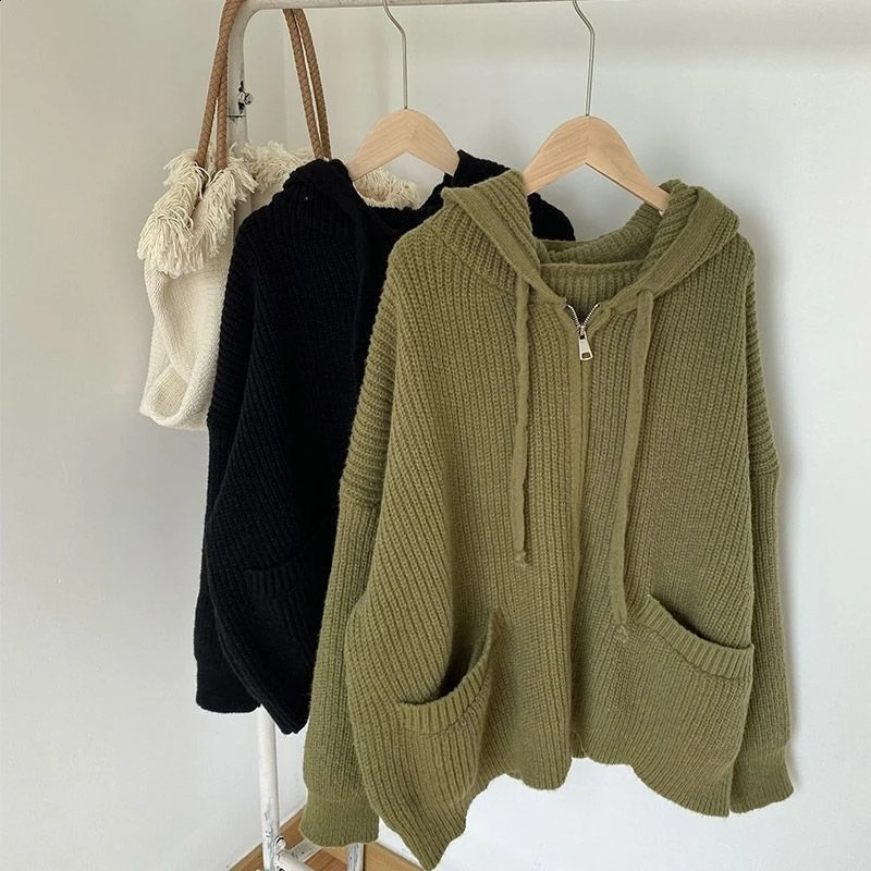 Zipper Cardigan Sweater Women Knit Fall Winter Long Sleeve Harajuku Y2K Solid Jumper Loose Lazy Warm Vintage Basic Female Hoodie 240904
