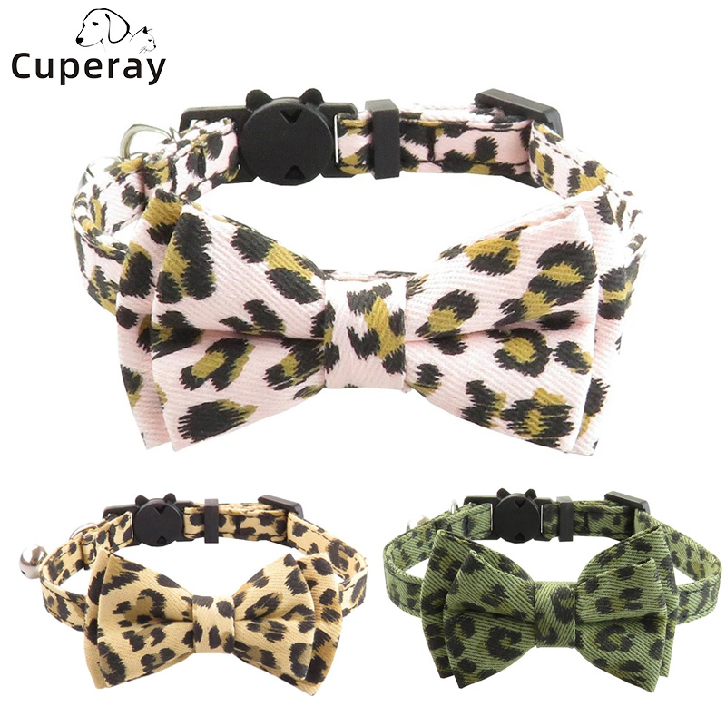 Leopard Pattern Cat Collar Breakaway Adjustable with Cute Removable Bowtie and Bell for Kitty and Other Small Dogs Pets Walking