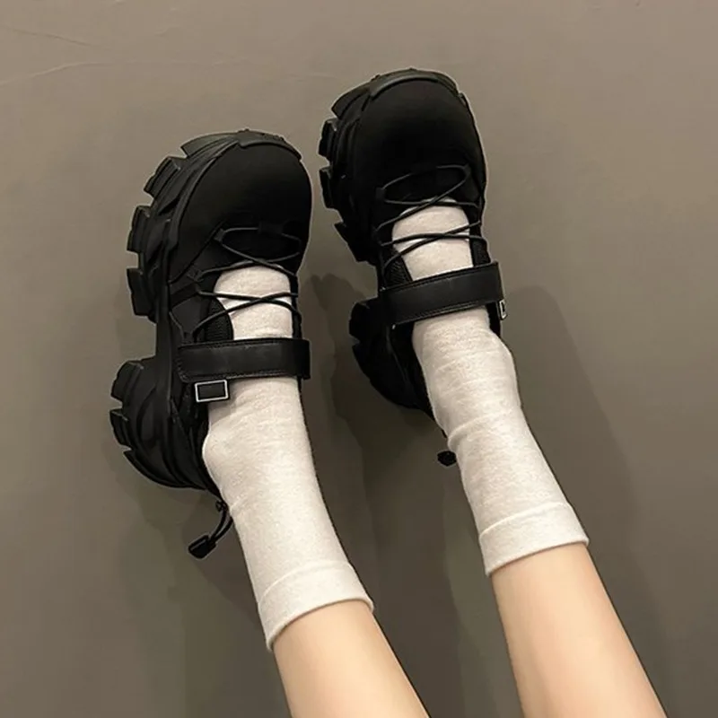Retro Thick Bottom Mary Jane Shoes Women New Fashion Chunky Heel Women's Sneakers Black Gray Heightening Shallow Single Shoes