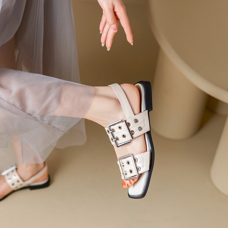 2025 new Summer NEW Split Leather for Women Square Toe Low Heel Casual Metal Belt Buckle Shoes Flat Sandals 99fe