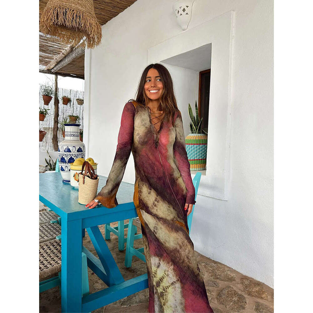 Fashion Tie Dye Lace Up Slim Fit Maxi Dress For Women Elegant V Neck Long Sleeve Dresses New Autumn Female High Streetwear