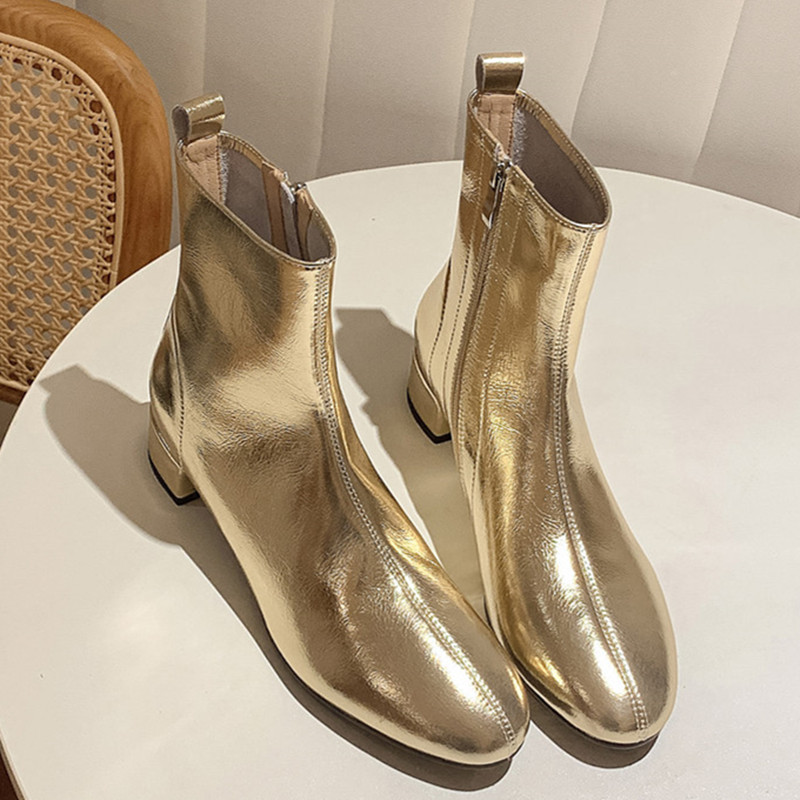 Sier Gold Ankle Boots For Women Mirror Genuine Leather Autumn Winter Casual Low Heel Short Party Shoes Ladies Sexy 1ac2
