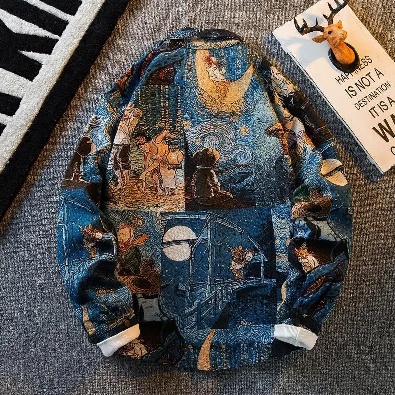 American Vintage Van Gogh Oil Painting Long-sleeved Shirt Mens Loose High Street Casual Shirts Jacket Men Tops Male Clothes 240905