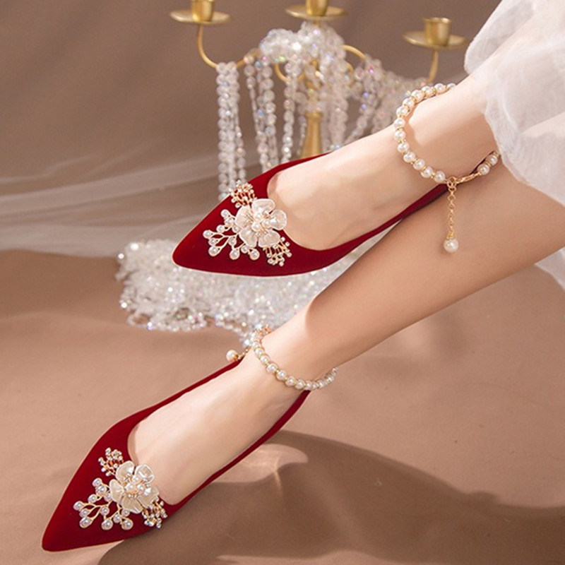 2025 new Pearl Women High Heels Pumps Pointed Toe Stilettos Femme Sexy Ladies Wedding Red Shoes 43e0