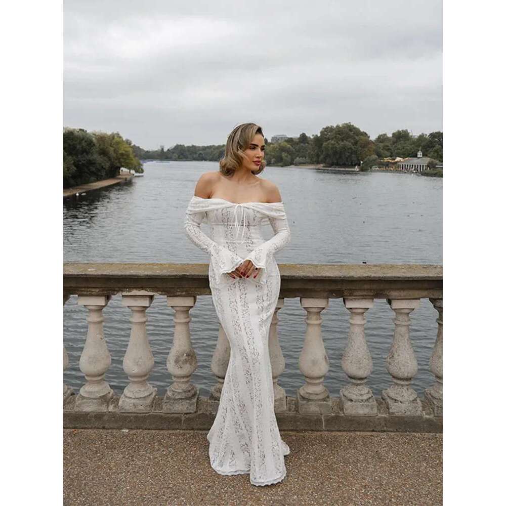 Elegant Off Shoulder Lace Up Hollow Out Maxi Dress Women Fashion Long Flare Sleeve Slim Dresses Female Evening Party Gowns