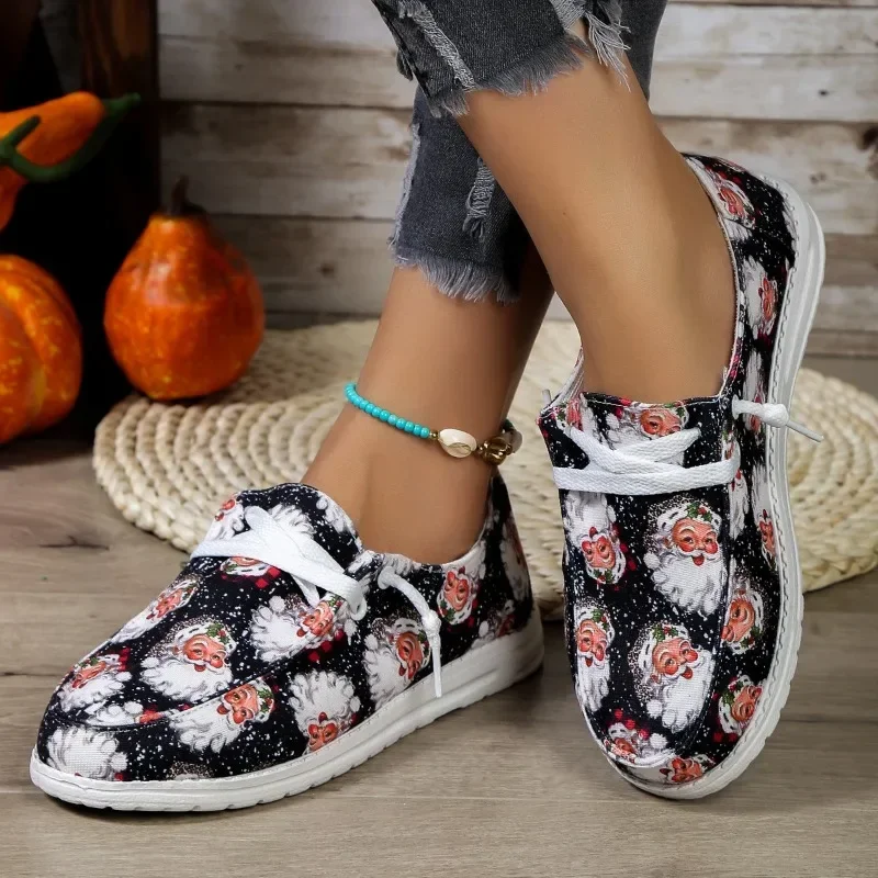 Christmas Sneakers Woman Lonely Canvas Shoes Autumn Santa Claus Print Fashion Breathable Casual Flat Shoes New Year Gifts