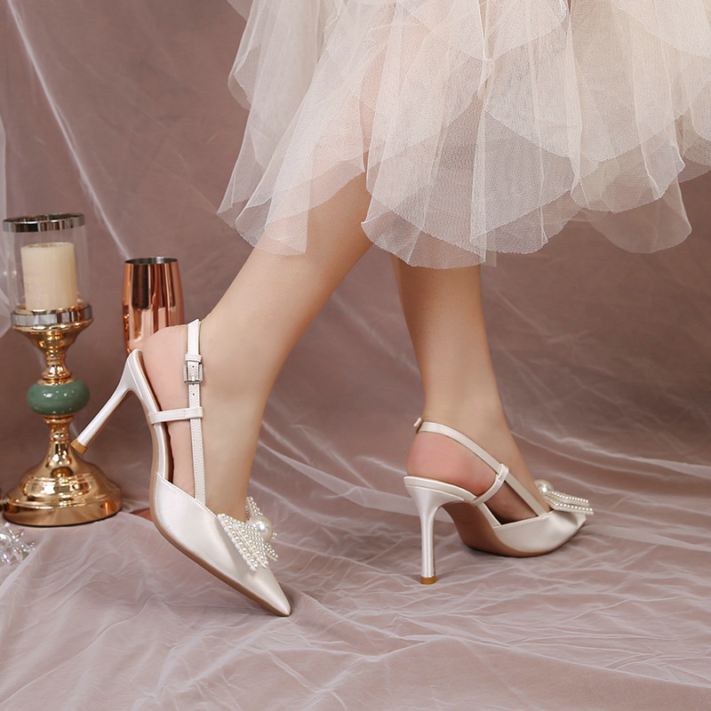 French Wedding Shoes Women 2024 New White Bridesmaid Shoes Bow High Heels Elegance Sandals