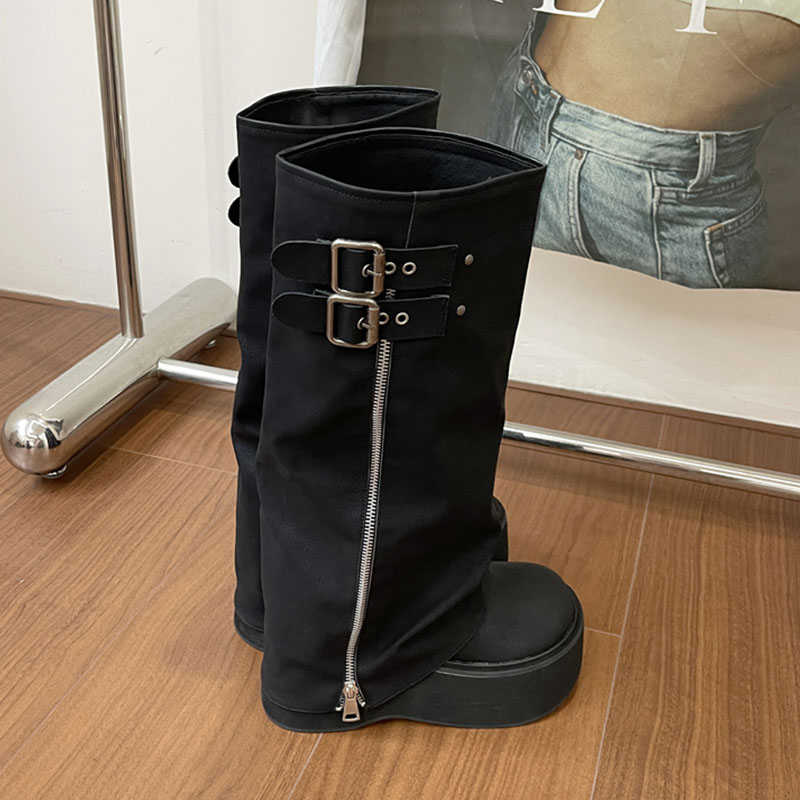 Female Thick Soled Shoes Women Knee High Boots With Designer Zippers Footwear Fashion Platform Ladies Western Long Booties