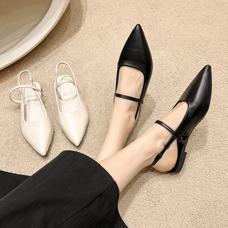 Flat Sandals for Women 2024: Pointed Toe Slip-Ons with Elastic Band in Black Leather