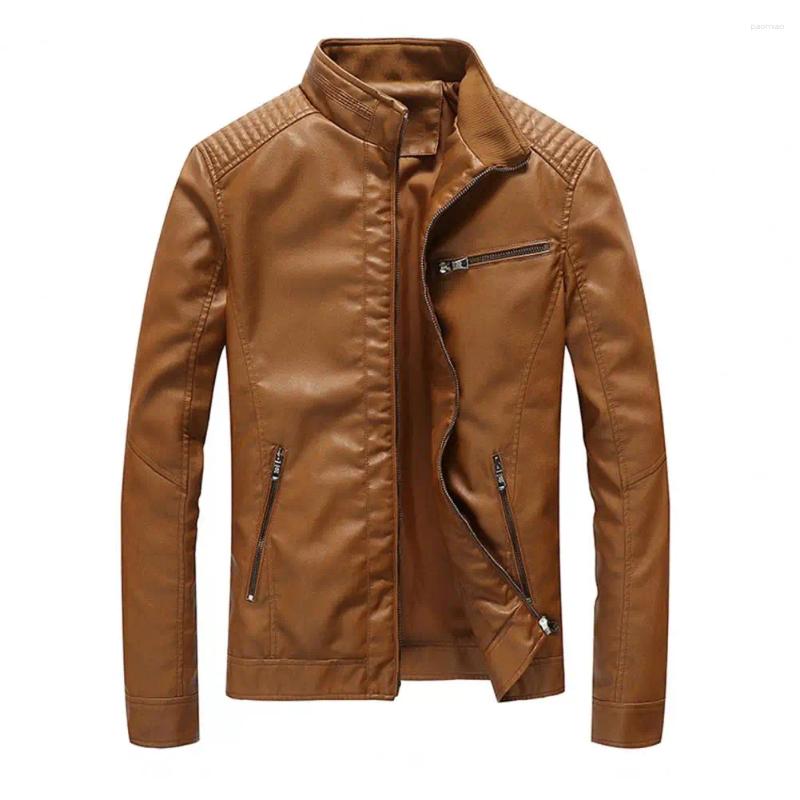 Men's Jackets Men Jacket Faux Leather Stand Collar Pleated Shoulder Long Sleeve Zipper Placket Coat Slim Fit Solid Color Thin Out