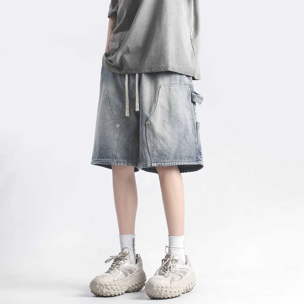 Patchwork Straight Casual Cargo Shorts Men Summer New Wide Leg Hip-hop Fashion Drawstring Youth Streetwear Denim ShortsX240914