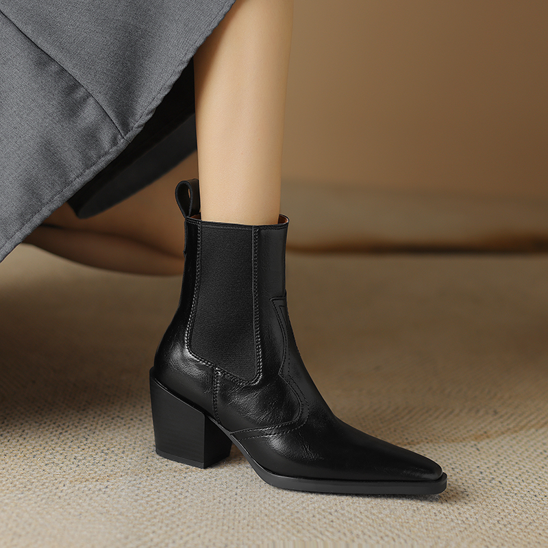 2024 Autumn Pointed Toe Chunky Heel Genuine Leather Women Shoes Short Modern Winter Boots ladies boots 7659
