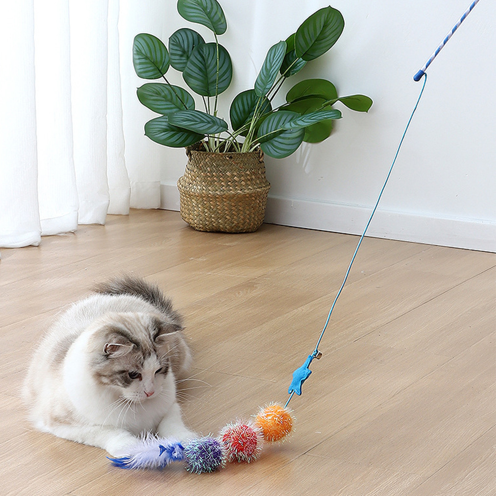 Felt Star Feather Teaser Stick Colorful Soft Hairball Star Cat Teaser Stick For Home Blue