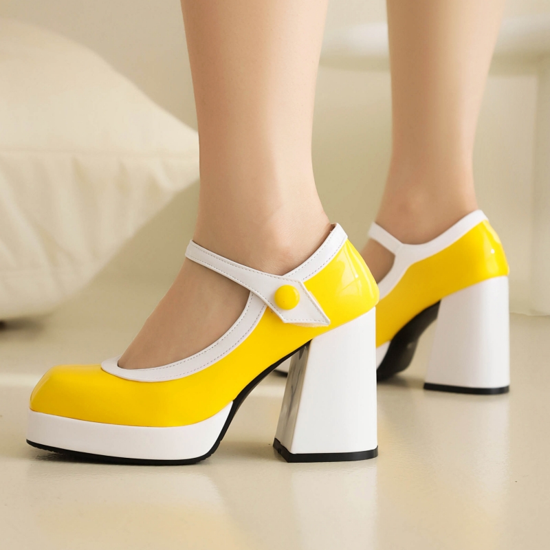 Punk Fashion High Heels Mary Janes Woman Platform Yellow Red Pink Women's Heeled Wedding Party New Office Shoes Large Size 46 0880