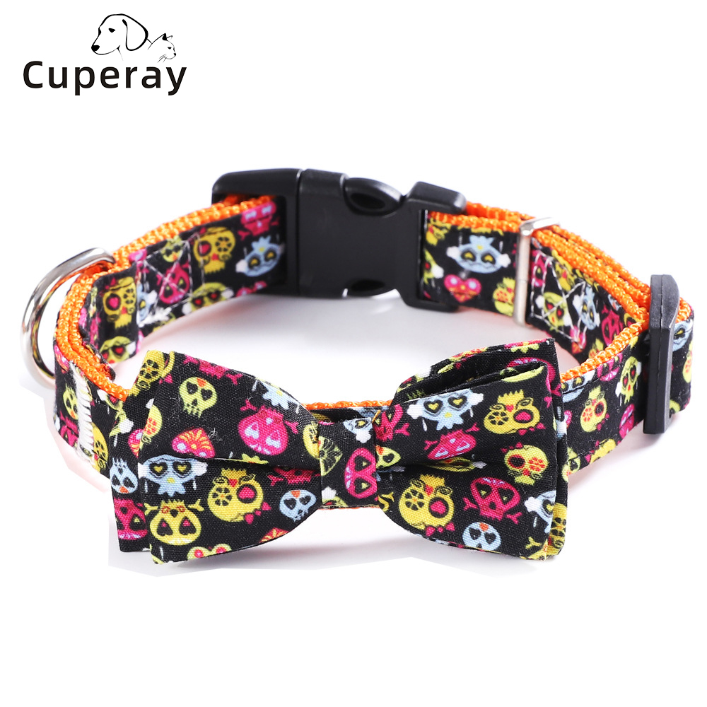 Pet Halloween Dog Collar, Cute Orange Festival Dog Collar with Bow, Adjustable Halloween Pet Collars for Small Medium Large Dogs