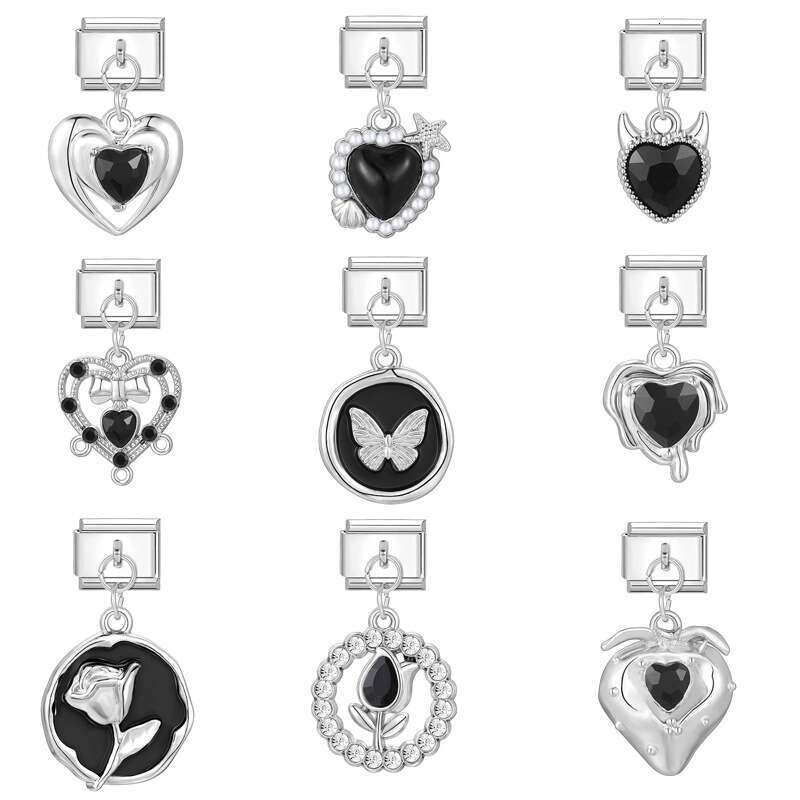 New Women's Gift black flower heart bow Pendant Italian Charms Links Bangle Beads Fit 9mm Stainless Steel Bracelet Making DIY For Women Fashion J