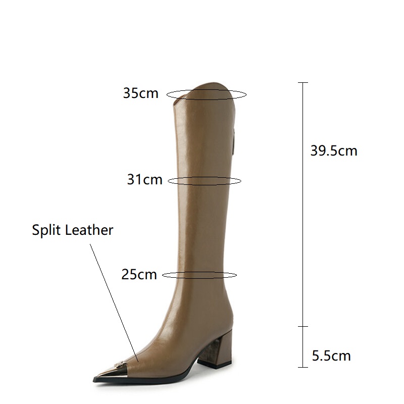 2023 Winter Knee-High Boots for Women Metal Pointed Toe Knight Boots Split Leather High Heels Women Boots Concise Boots De Mujer