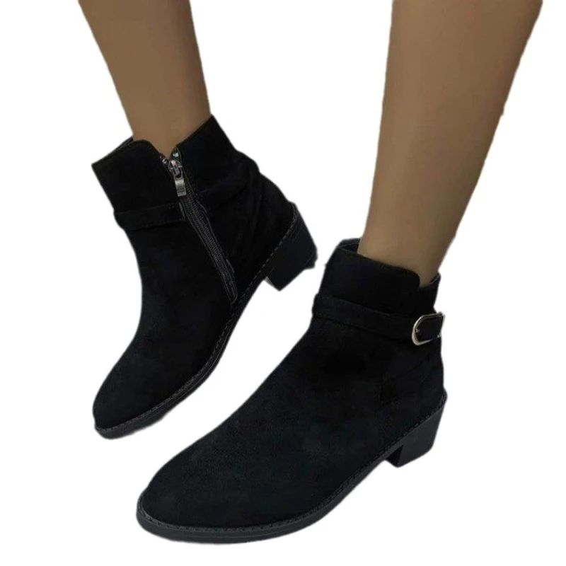 Fashion Suede Chunky Heeled Women's Ankle New Pointed Toe Side Zipper New Short Boots Woman Retro Booties Large Size 43 c536