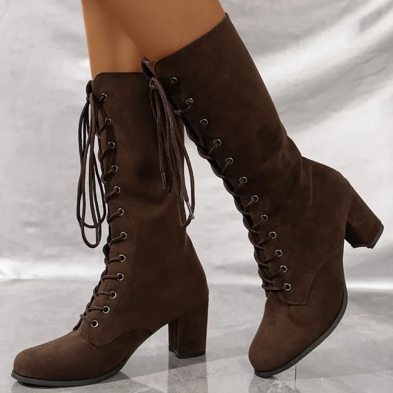 Knee-high Zipper Women's Boots 2023 Winter High Quality New Square Heel Shoes for Women Solid Round Toe Lace Up Boots Female