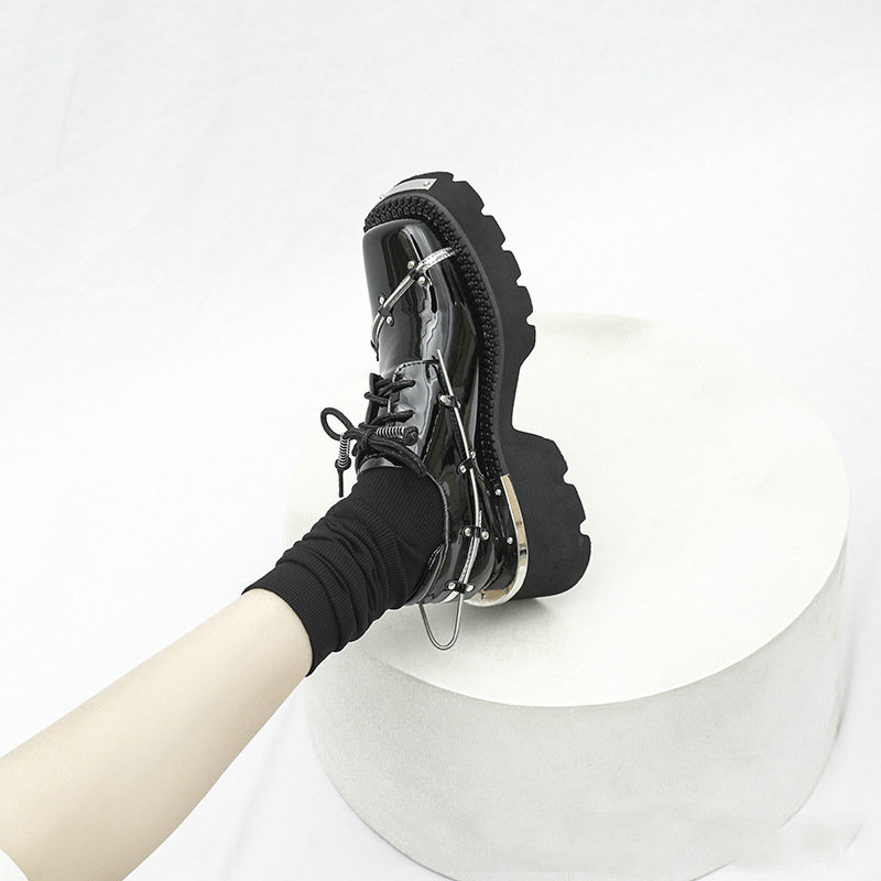 Spring Decoration Platform Shoes Lady Leather British Style Square Derby Shoes Black Thick Heel Lady Boots