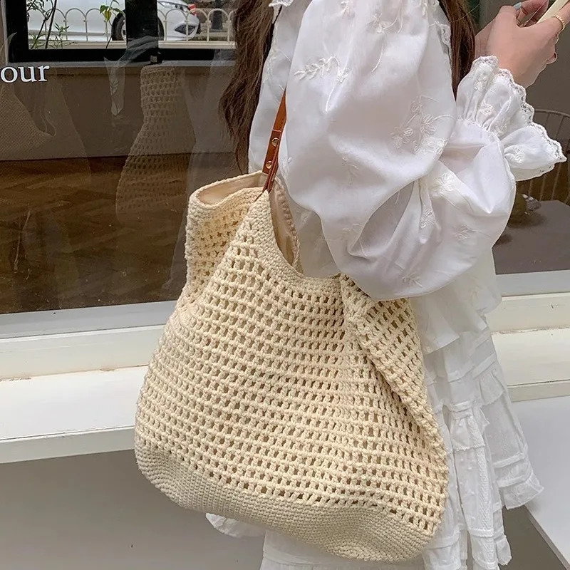 Leisure hollow large capacity handbag milk cotton woven womens shoulder bag handmade summer beach big Bali shopping 240913