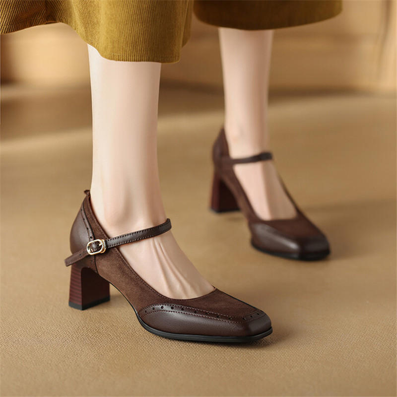 2025 new Spring New Sheep Suede Square Toe Pumps Fashion Brogue Designs Mary Jane Shoes for Women Chunky High Heels bba6