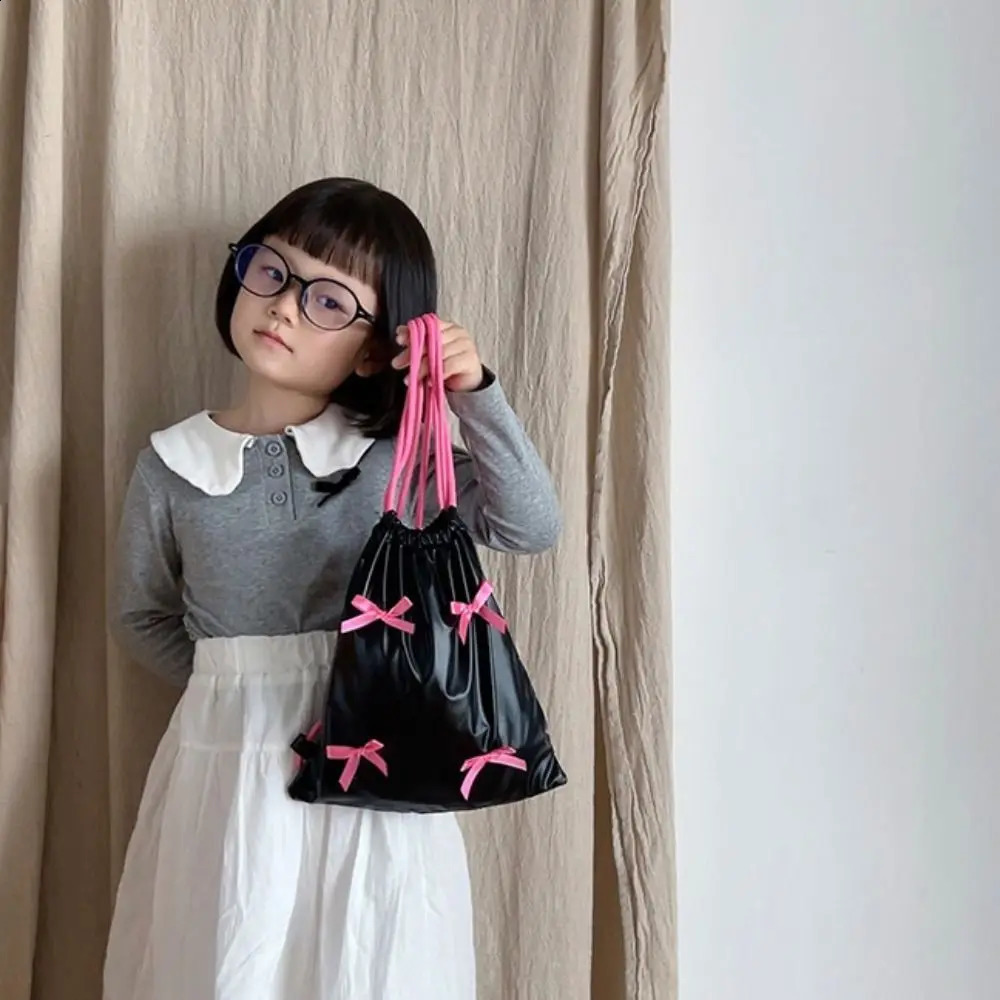 Korean style bow drawstring backpack silver Y2k nylon Ruched Knapsack solid color folding shoulder bag office staff 240912