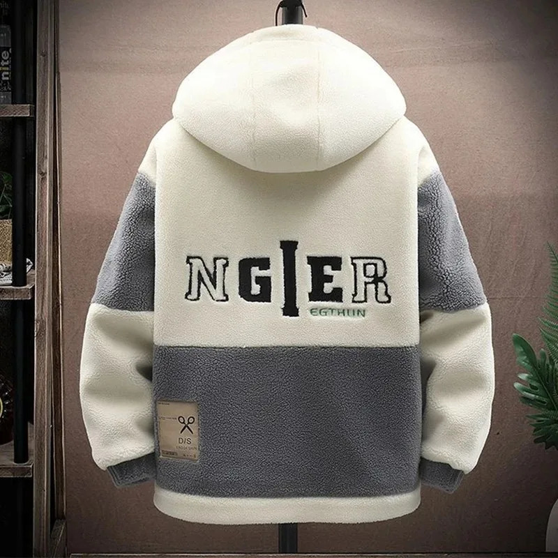 Winter and Autumn Granular Fleece Thicken Streetwear Men Jacket Coats Casual Hooded Lambswool Color Matching Keep Warm Fashion 240911