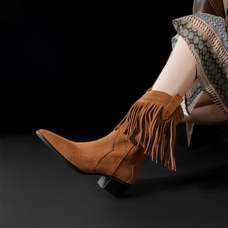 Autumn NEW Cow Suede Leather for Women Pointed Toe Chunky Heel Shoes Slip-on Tassels Black Western Boots d785