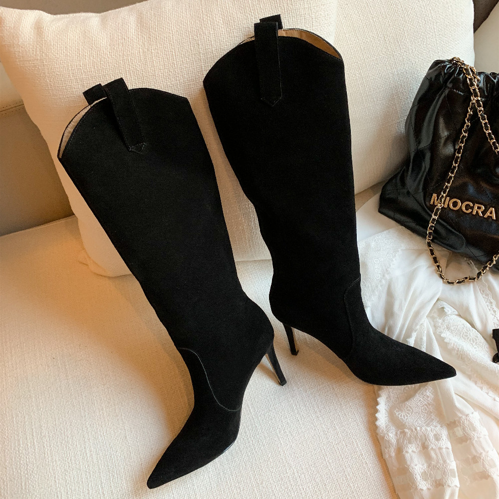 Elegant ladies thin high heel pointed toe slip-on autumn knee high boots natural suede leather female high boots shoes for women