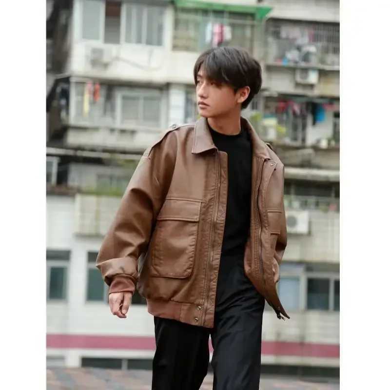 American style brown leather jacket tailored loose fit motorcycle mens flying pilot jacket bicycle clothing W240914