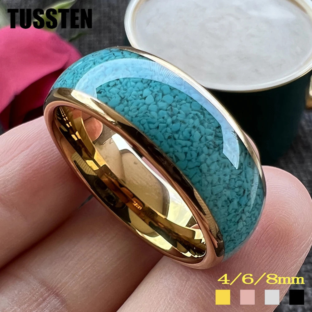Drop TUSTEN 4/6/8MM Multico tungsten engagement and wedding ring for men with crushed turquoise inlay for a comfortable fit 240905
