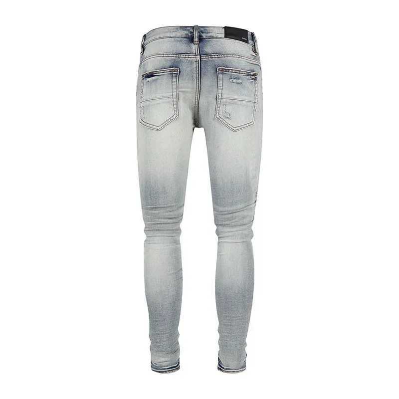 Fashionable mens jeans slim fit blue smooth silhouette pleated patches casual style jeans CL240912
